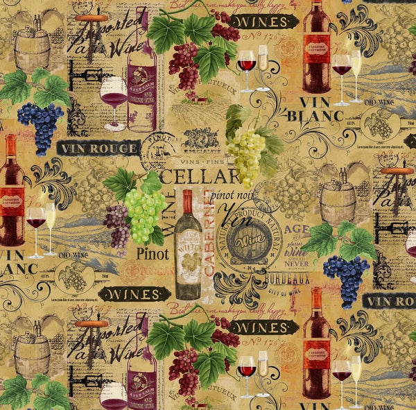 Timeless Treasures Vintage Wine & Grape on Text Quilt Fabric Style CD1929 Beige