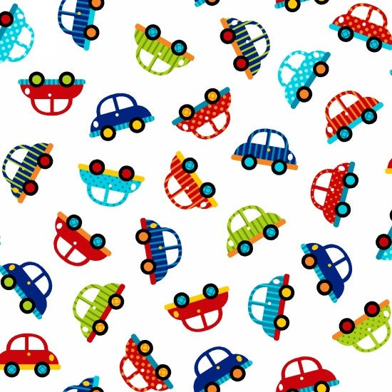 Off We Go Quilt Fabric Tossed Cars Style 4126/1 Multi White