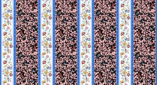 Birds of a Feather Quilt Fabric Floral Stripe Style 9009/99 Black Multi