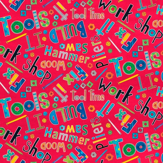 Tool Time Quilt Fabric Words Style 8970/88 Red Multi