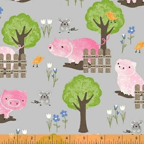Windham Julia Piggy Scene Quilt Fabric Style 51125-2 Gray