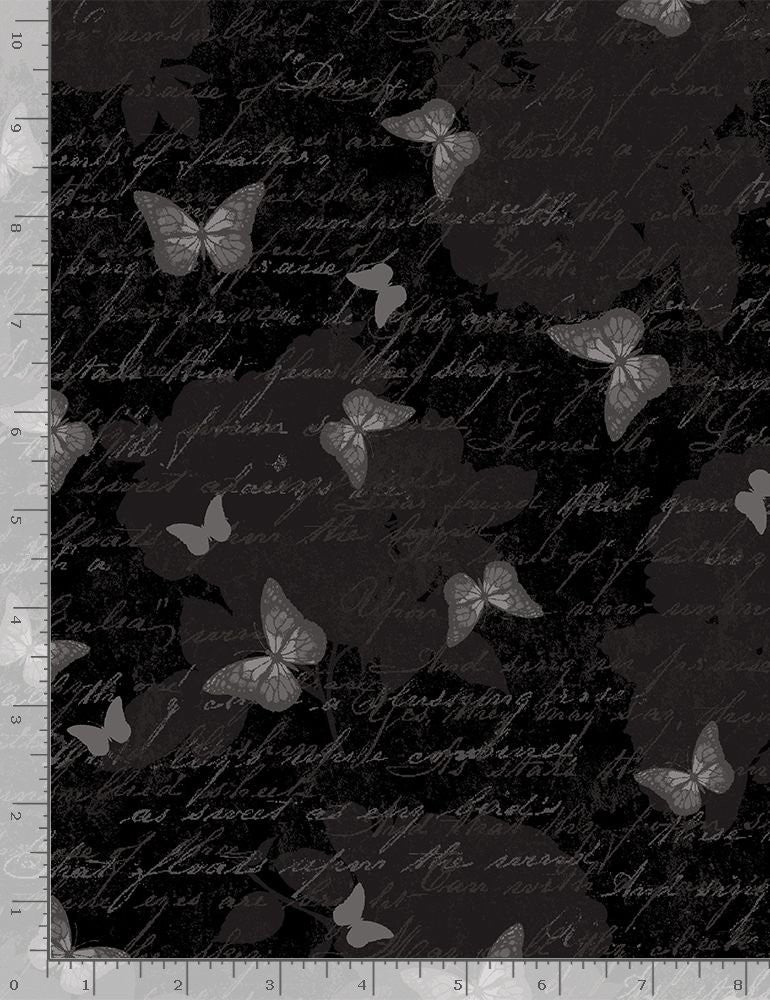 Timeless Treasures Antique Butterfly Text Black Quilt Fabric Style C7975B