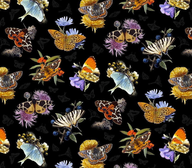 Elizabeth Studios Butterflies Moths and Flowers Quilt Fabric Black Style 9801