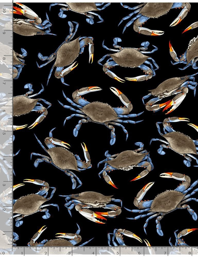 Timeless Treasures Tossed Blue Crabs on Black Quilt Fabric Style C7419