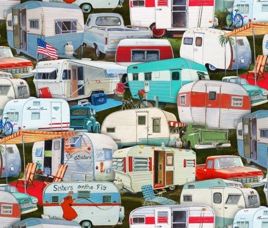 Elizabeth Studios Vintage Trailer Packed Trailers Quilt Fabric Style 3505
