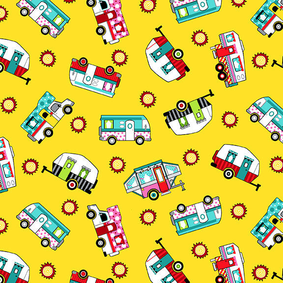 Roamin' Holiday Quilt Fabric Tossed Campers Style 5502/44 Yellow