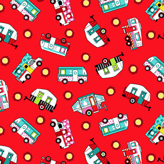 Roamin' Holiday Quilt Fabric Tossed Campers Style 5502/88 Red