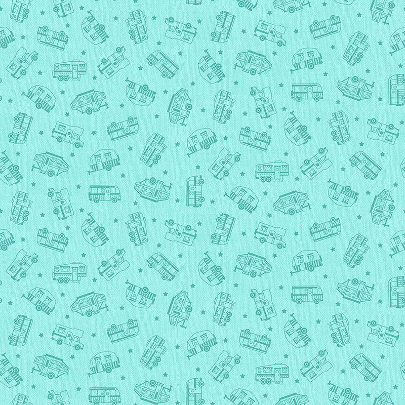 Roamin' Holiday Quilt Fabric Tone-on-Tone Campers Style 5507/11 Light Blue