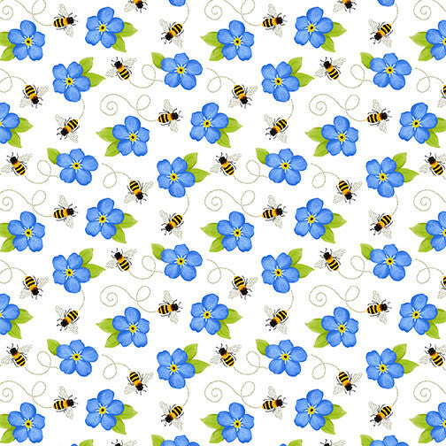 Sunny Sunflowers Quilt Fabric Tossed Bees and Blue Flower Style 5575/17 White