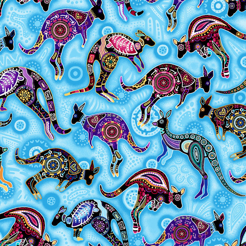 Gondwana Quilt Fabric by Oasis Fabrics Kangaroo Blue Style 60-4092