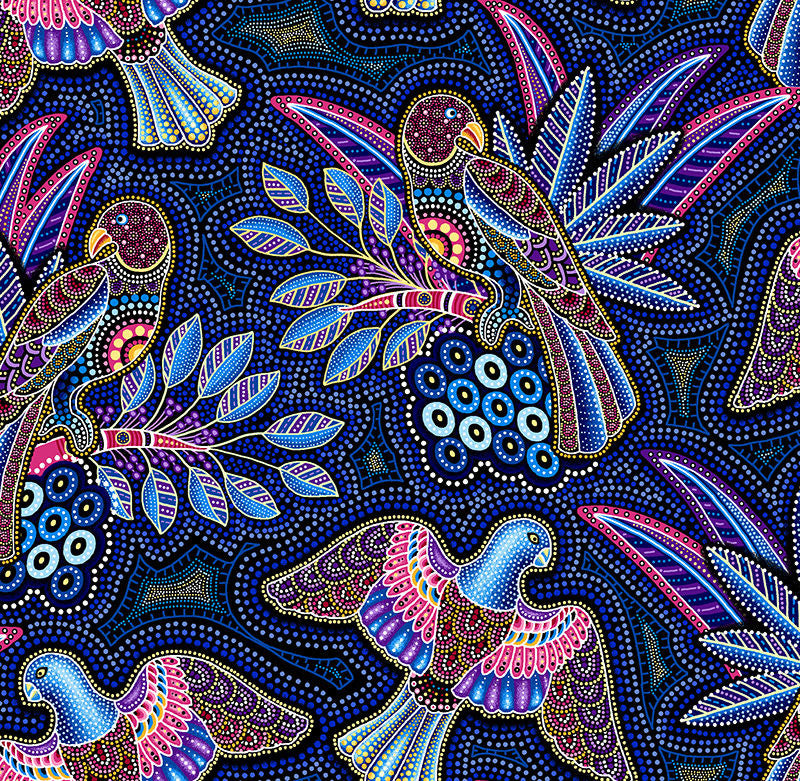 Gondwana Quilt Fabric by Oasis Fabrics Birds Navy Style 60-4122