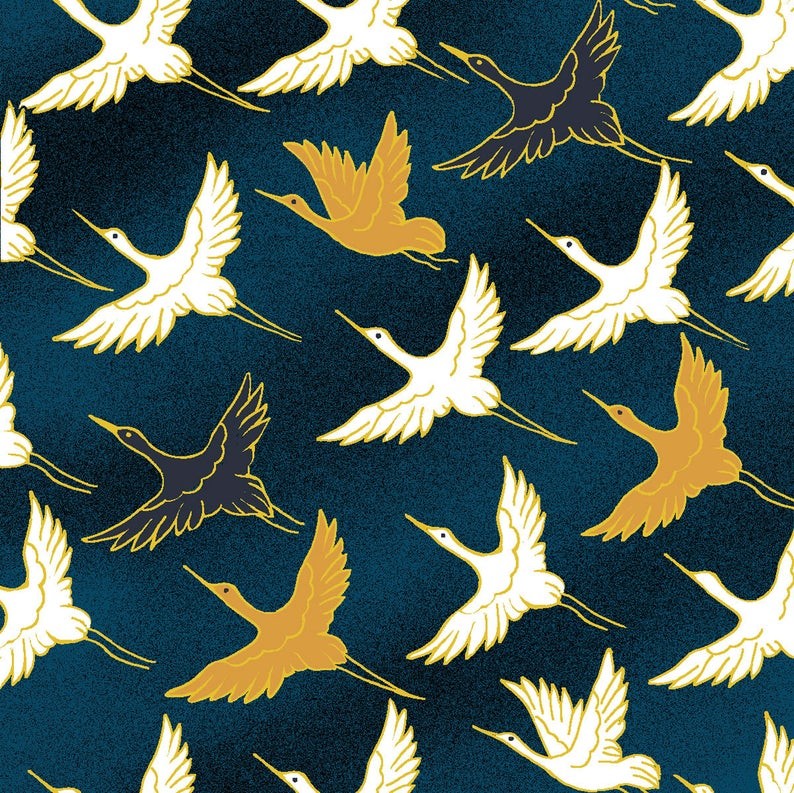 Oasis Fabrics Wind Song Cranes with Metallic Navy Quilt Fabric Style 60266-01
