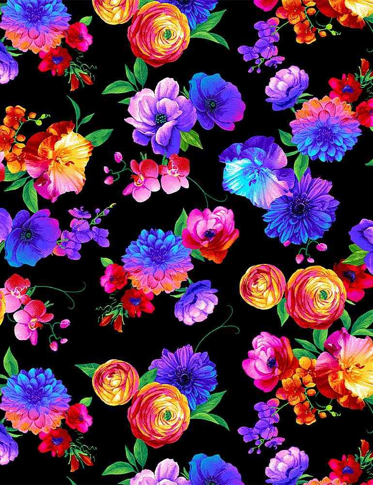 Timeless Treasures Butterfly Magic Bright Florals Quilt Fabric Style C8531 Black