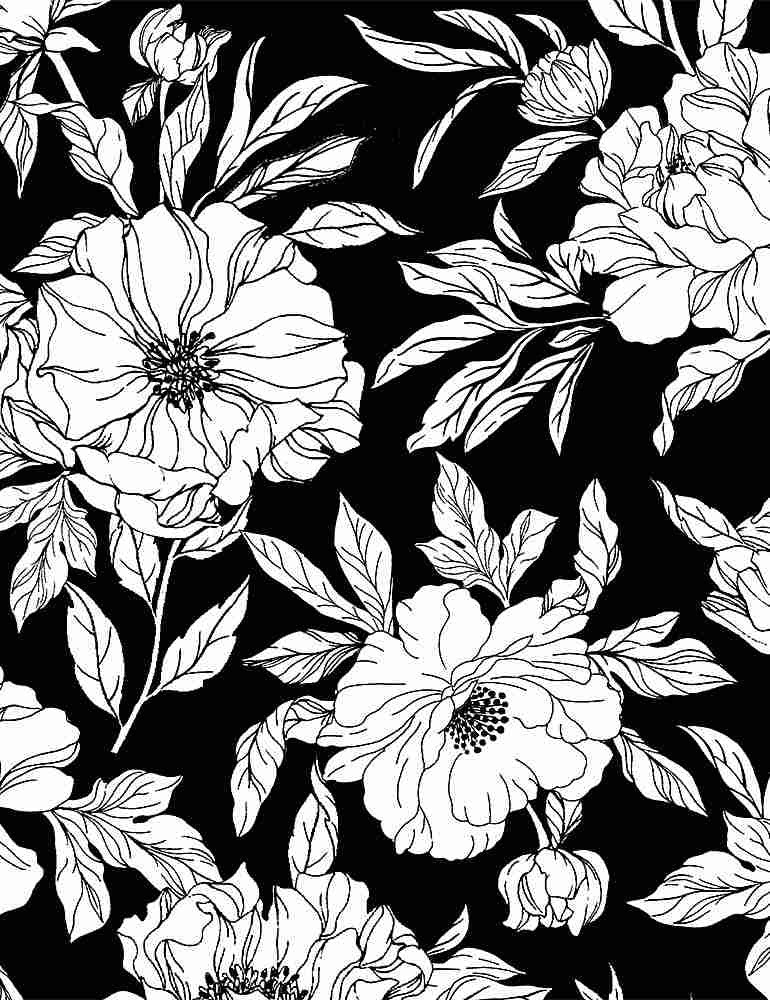 Timeless Treasures Inked Quilt Fabric Drawn Tossed Florals Style C8726B Black