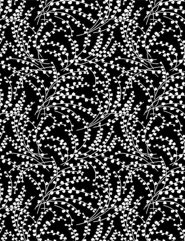 Timeless Treasures Inked Quilt Fabric Scattered Leaves on Stems C8727B Black
