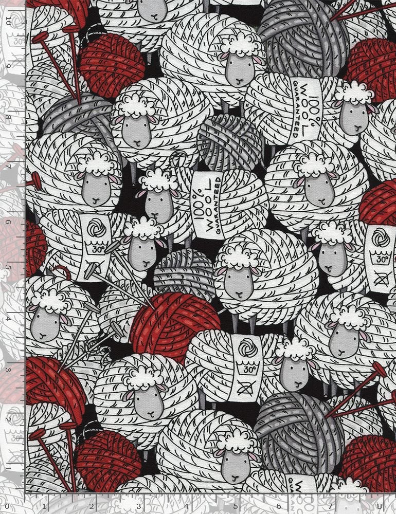 Timeless Treasures Quilt Fabric Stacked Sheep and Yarn Style C3587 Black Red