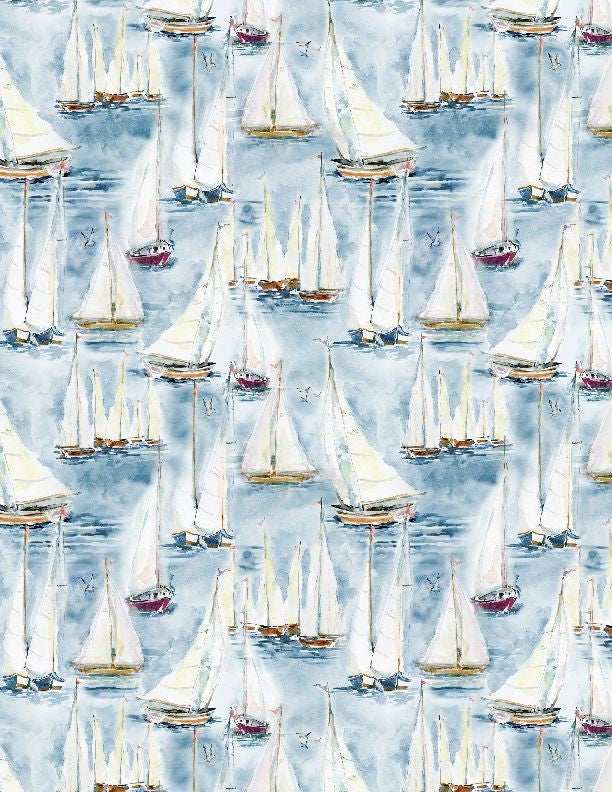 Coastal Sanctuary Quilt Fabric Boats All Over Style 39783-441 Blue