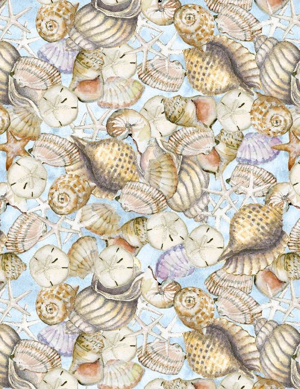 Coastal Sanctuary Quilt Fabric Packed Shells Style 39784-426 Blue