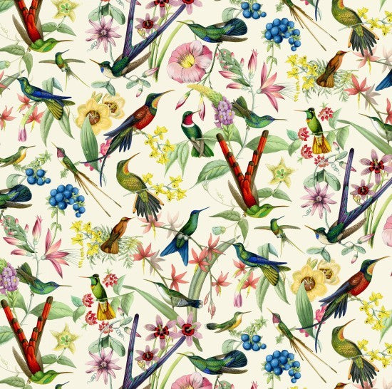 Hummingbird Heaven Quilt Fabric Hummingbirds Allover Style M4915 Cream Multi