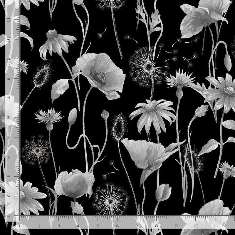 Timeless Treasures Graphite Anemone Poppy Quilt Fabric Style CD1811 Black