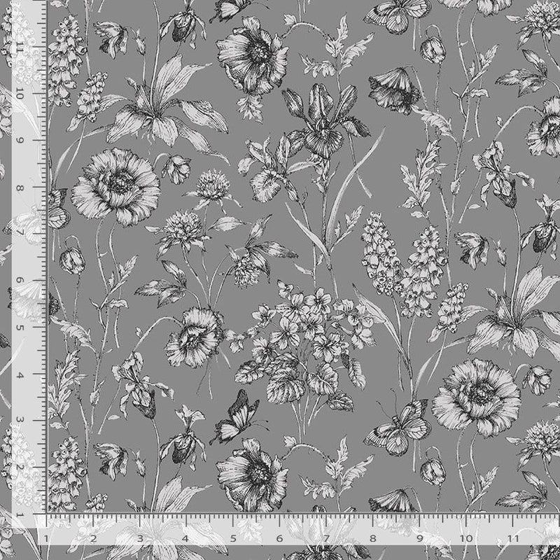 Timeless Treasures Graphite Floral Sketch Quilt Fabric Style CD1812 Grey