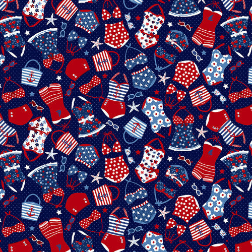 StudioE Star-Spangled Beach Quilt Fabric Bathing Suits Style 7482/77 Navy