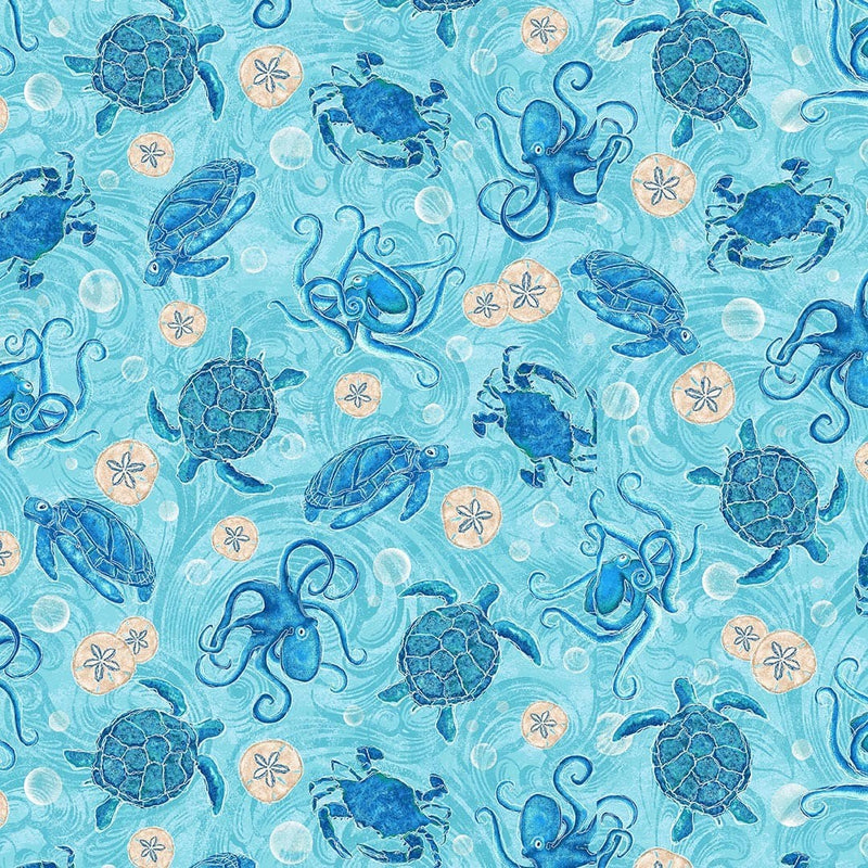 StudioE M'Ocean Quilt Fabric Tossed Ocean Motifs Style 7626/66 Aqua