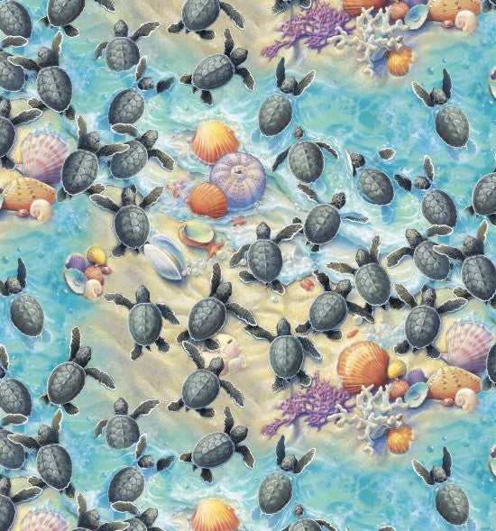 Elizabeth's Studio Race to Safety Quilt Fabric Baby Sea Turtles Style 1609 Multi