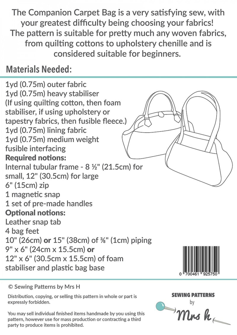 Sewing Patterns by Mrs H Companion Carpet Bag Sewing Pattern