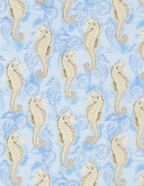 Nautical Mile Seahorses Quilt Fabric Style C6658 Blue