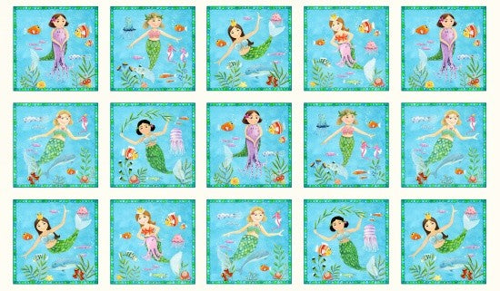 Elizabeth's Studio Little Mermaids Blue Quilt Fabric 24" x 44" Panel