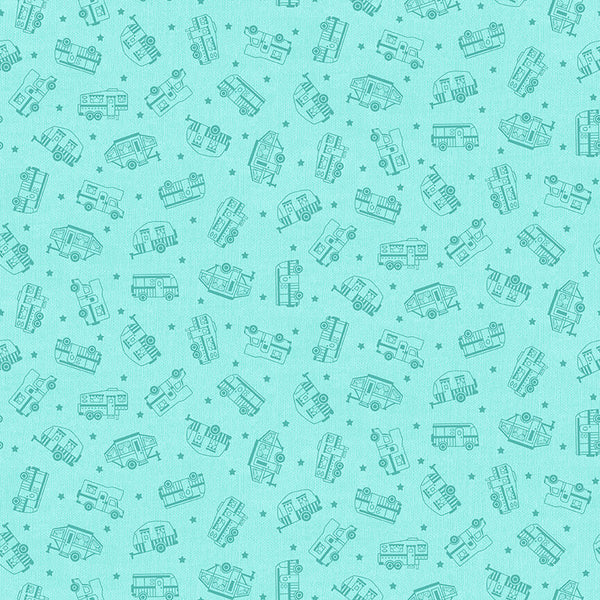 Roamin' Holiday Quilt Fabric Tone-on-Tone Campers Style 5507/11 Light Blue