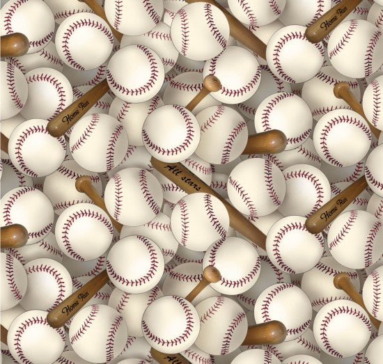 Elizabeth's Studio's Baseballs Quilt Fabric White Style 112W