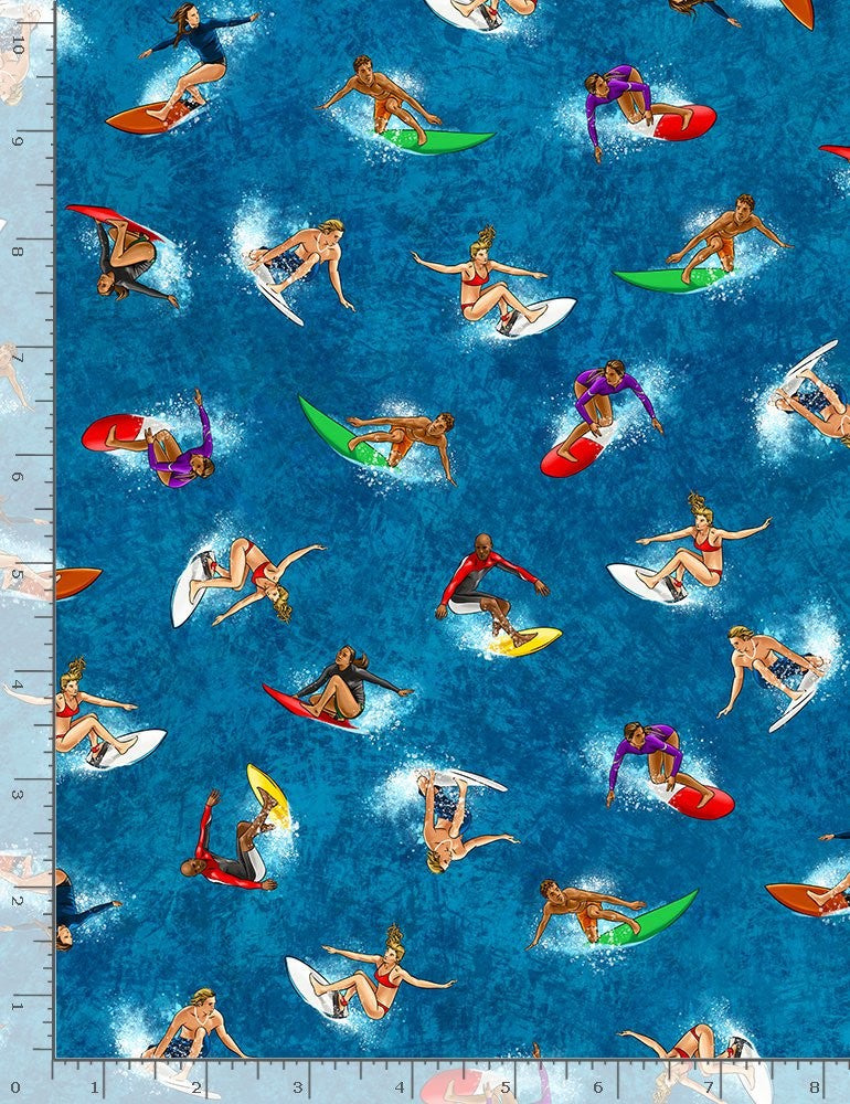 Timeless Treasures Quilt Fabric People Surfboarding Style C1170 Blue