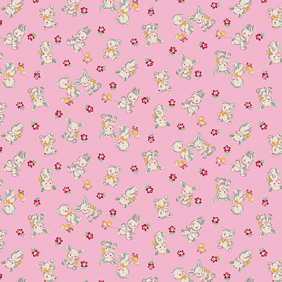 Nana Mae VI 30's Reproduction Quilt Fabric Bunnies & Bears Style 367-22 Pink