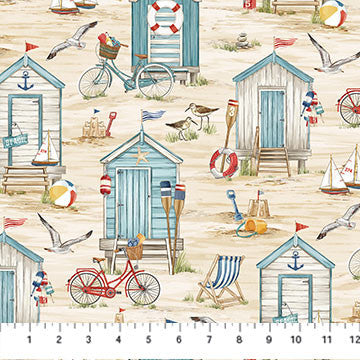 Northcott Beach Therapy Quilt Fabric Beach Huts Style 25467-12 Sand Multi