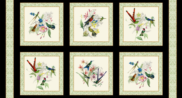 Hummingbird Heaven 24" x 42" Quilt Fabric Bird Panel Style M4914 Black Multi