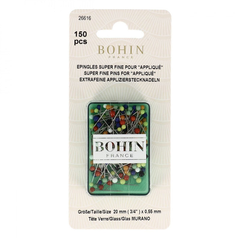 Bohin Super Fine Glass Head Applique Pins 3/4" Size 12 Pkg of 150