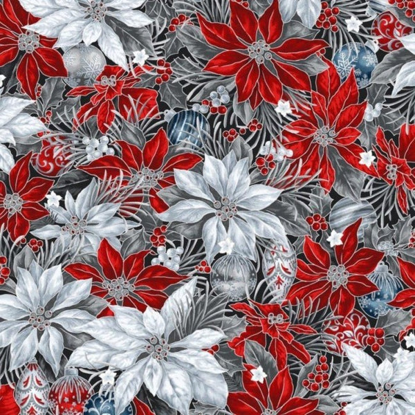 Oasis Fabrics Noel Poinsettia with Ornaments Quilt Fabric Style 59-3712 Red