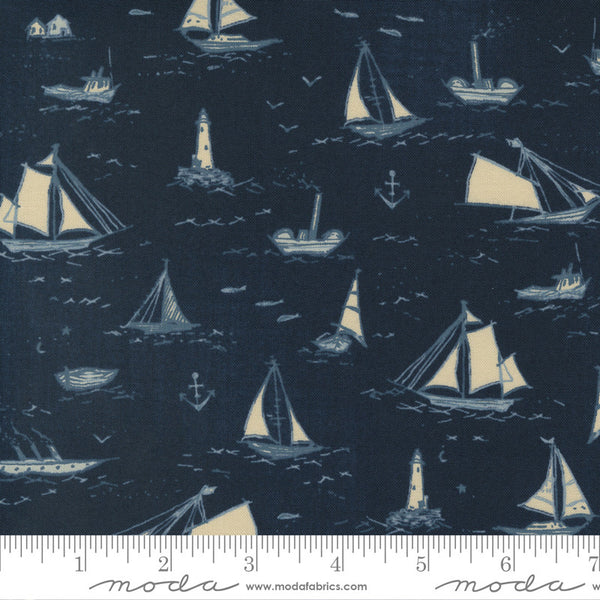 Janet Clare To the Sea Quilt Fabric Boats Style 16930/11 Dark Ocean