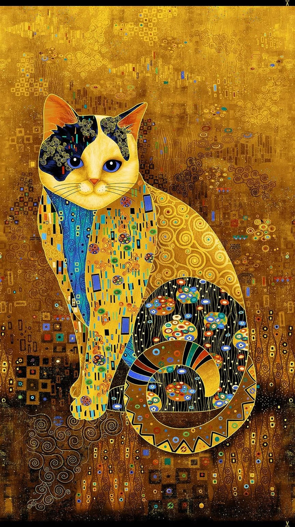 Timeless Treasures Bejeweled Cat Quilt Fabric 24" x 44" Panel Style CM1880 Gold